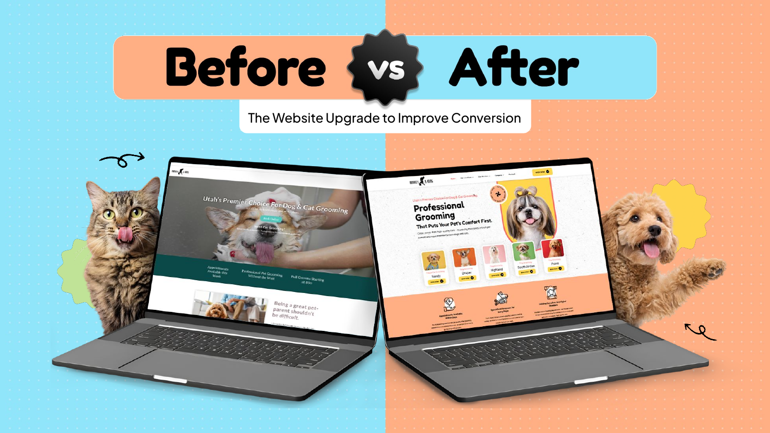 The Kibbles & Cuts website before and after the rebuild — old teal site versus new coral design